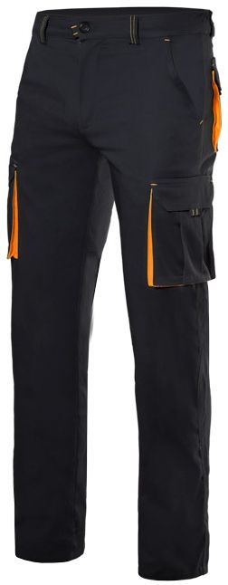 Dwukolorowe spodnie robocze z elastycznej weluru z wieloma kieszeniami z poliestru z widocznym nadrukiem 1